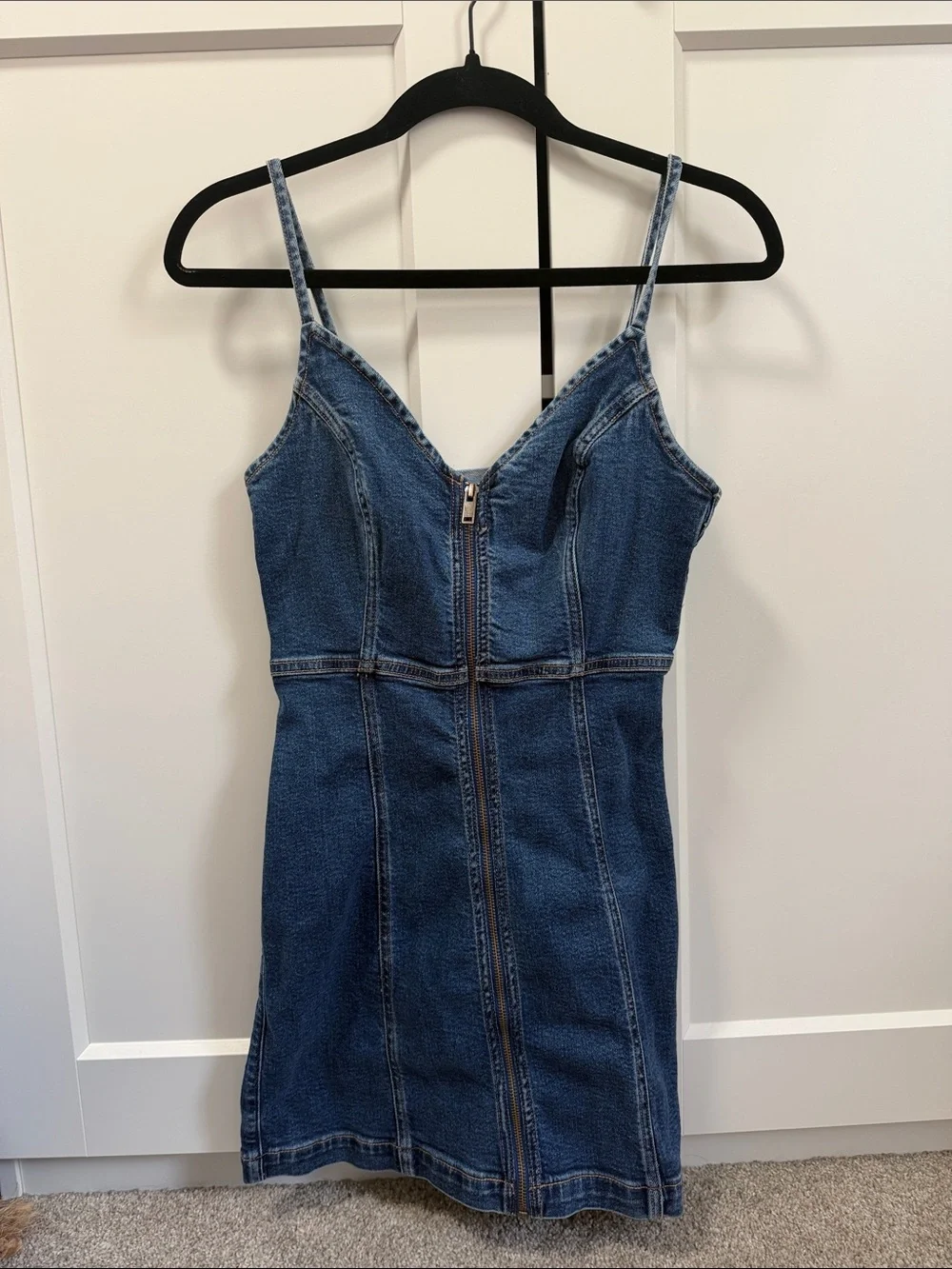 American Eagle Denim Zip-Front Spaghetti Strap Dress - Blue